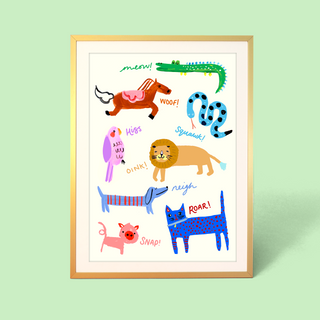 Children's poster with colourful animal illustrations and sound effects on a light green background.