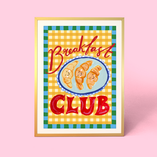 Eleanor Bowmer artwork with 'Breakfast Club' text and croissant illustration on a checkered background.