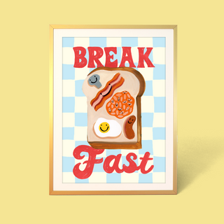 Eleanor Bower artwork with a toast illustration and 'Break Fast' text on a checkered background