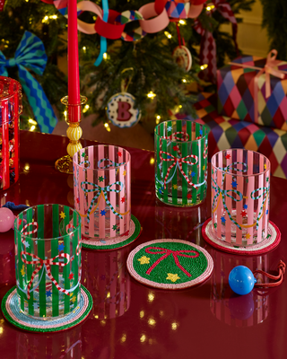 Pink & Green Bow Glass Tumblers - Set Of 4