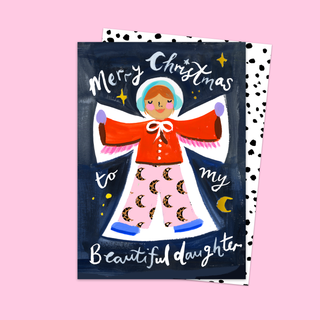 Christmas card by Eleanor Bowmer with an angel illustration and text on night sky.