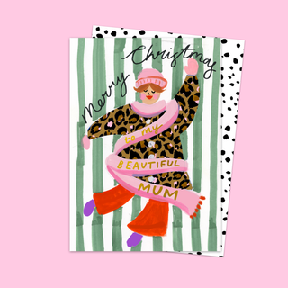 Greeting card by Eleanor Bowmer with an illustration of a mum wearing a leopard print sweater and pink scarf on a striped background.