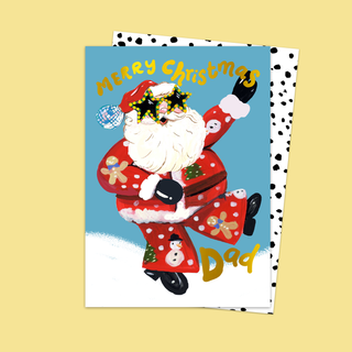 Christmas card by Eleanor Bowmer with Santa Claus and 'Merry Christmas Dad' text on a blue background