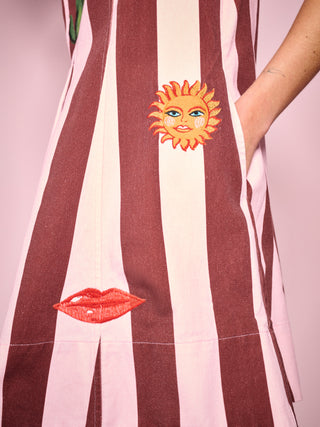 Pink Stripe Embroidered Denim Dress