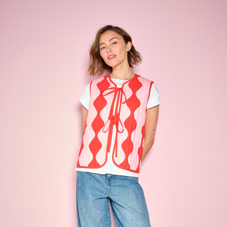 Pink & Red Harlequin Wave Quilted Denim Gilet