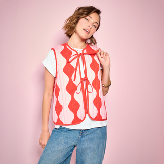 Pink & Red Harlequin Wave Quilted Denim Gilet