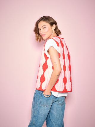 Pink & Red Harlequin Wave Quilted Denim Gilet