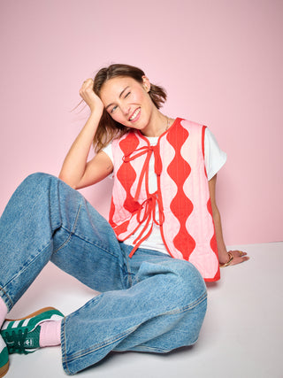 Pink & Red Harlequin Wave Quilted Denim Gilet