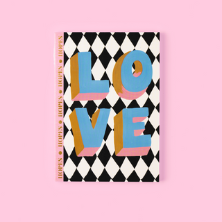 Eleanor Bowmer notebook with 'LOVE' on a black and white harlequin pattern against a pink background