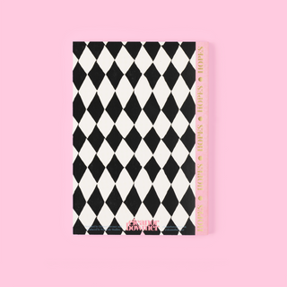 Eleanor Bowmer notebook with black and white diamond pattern on a pink background