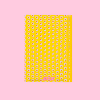 Yellow Eleanor Bowmer notebook backing with floral pattern on a pink background