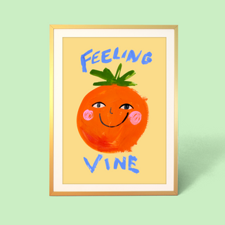 Eleanor Bowmer artwork of a smiling tomato with facial features and text on a yellow background