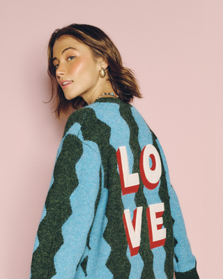 Blue & Green Wave Love Knitted Cardigan
