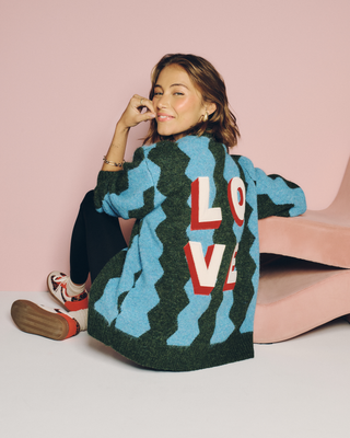 Blue & Green Wave Love Knitted Cardigan