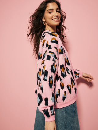 Pink Leopard Knitted Cardigan