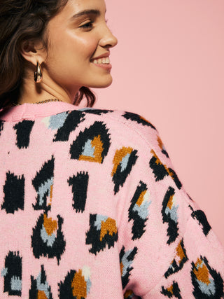 Pink Leopard Knitted Cardigan