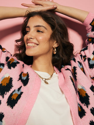 Pink Leopard Knitted Cardigan