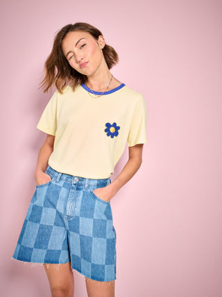Check Embroidered Denim Shorts