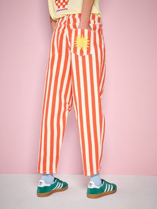 Red Stripe Embroidered Barrel Leg Jeans