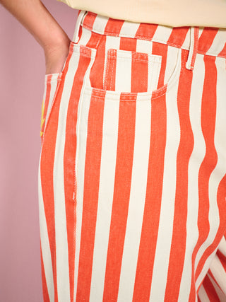 Red Stripe Embroidered Barrel Leg Jeans