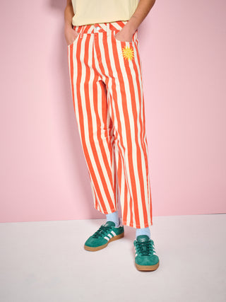 Red Stripe Embroidered Barrel Leg Jeans