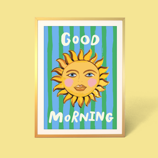 Eleanor Bowmer artwork with a sun illustration and 'Good Morning' text on a striped background.