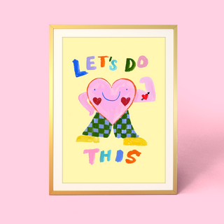 Eleanor Bowmer artwork with a heart character and colourful text on a yellow background