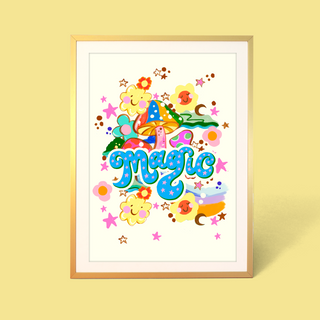 Colourful children's poster with the word 'Magic' patterned with stars and rainbow coloured toadstools and smiling clouds and flowers