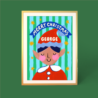 Green Christmas Elf Personalised Print