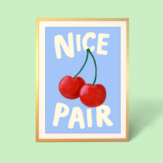 Eleanor Bowmer artwork with 'Nice Pair' text and cherries on a light blue background