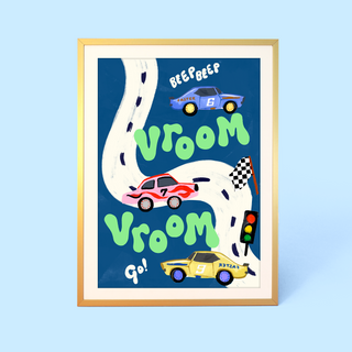 Children's poster with race cars, flag and road and the words 'Vroom Vroom' 'Beep Beep' and 'Go' on a deep blue background