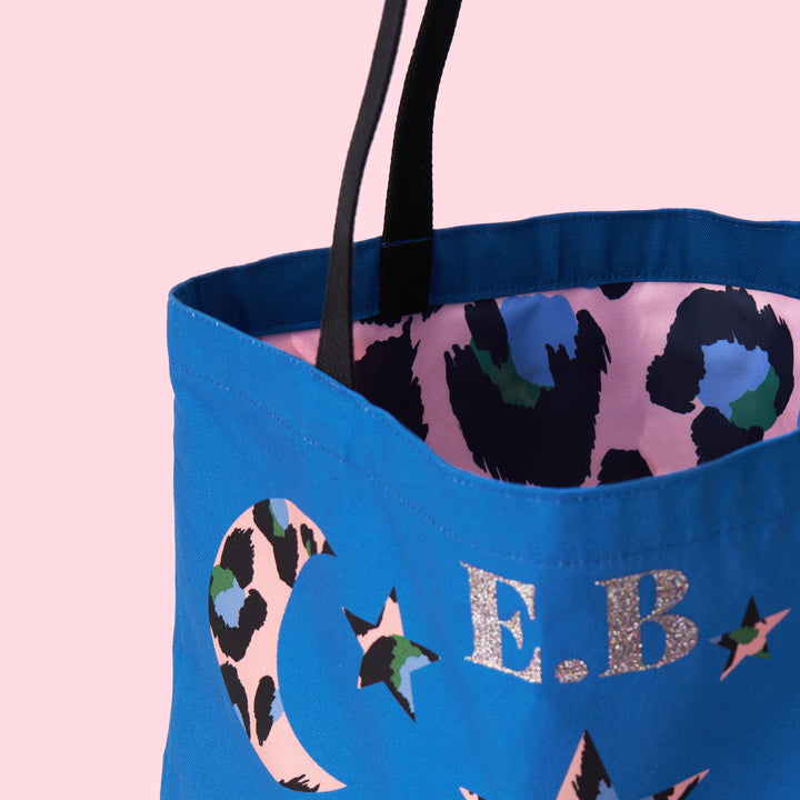 Blue Leopard Moon and Star Tote Bag
