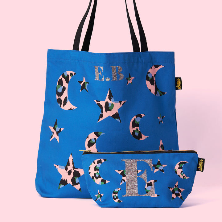 Blue Leopard Moon and Star Tote Bag