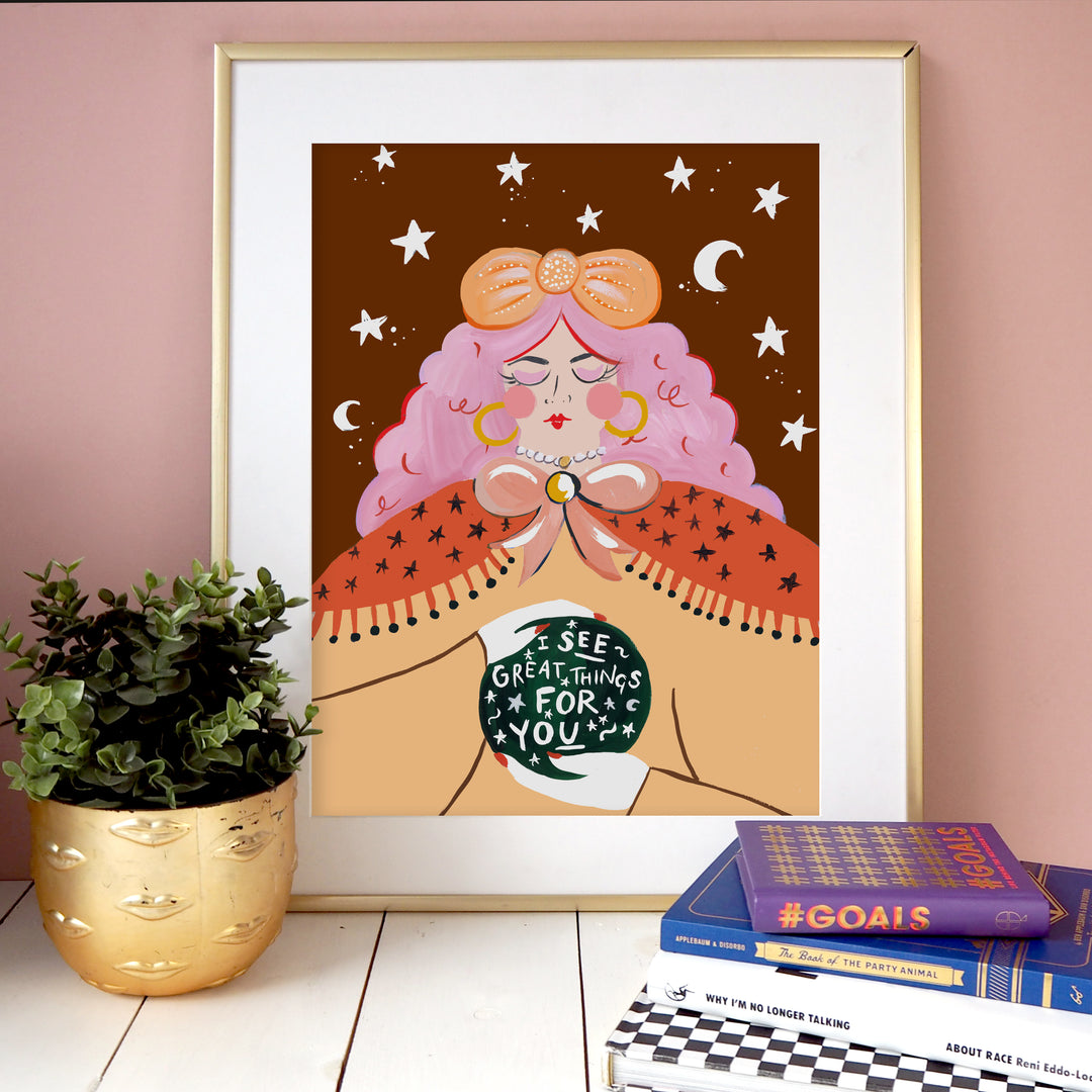 Eleanor Bowmer Crystal Ball Gypsy Print Wall art with pink hair, stars, moons. 